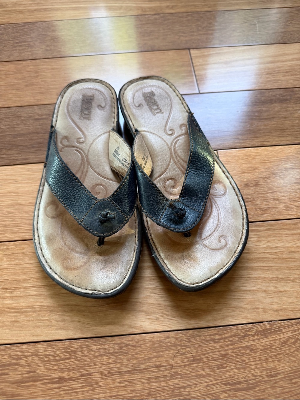 Born Black Leather Thong Sandals with Tan Footbed